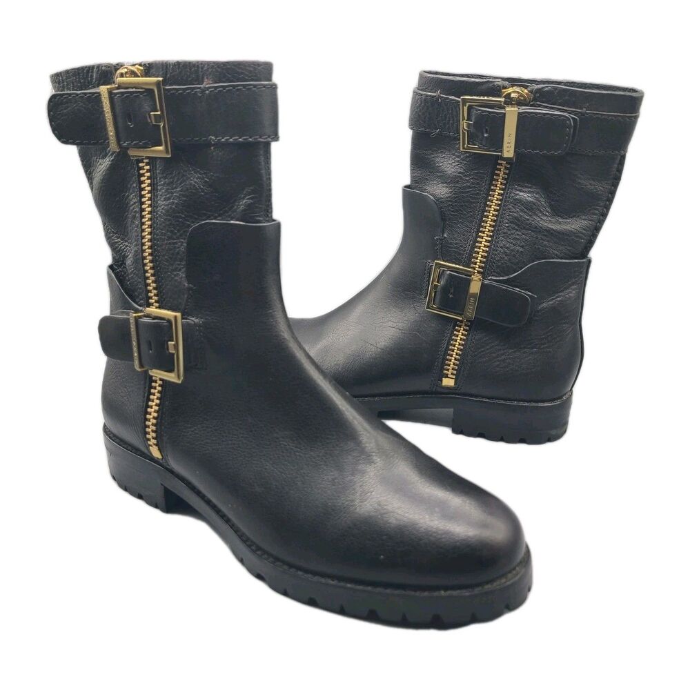 AERIN Women boots ankle biker black Leather Lacy  gold zipper belted Size 8.5
